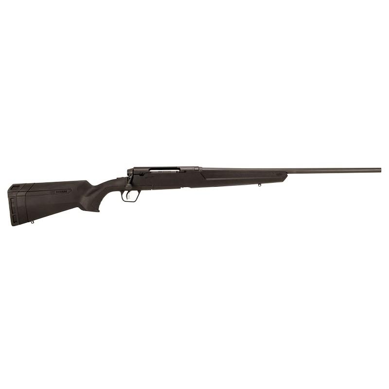 Side view of a black hunting rifle.