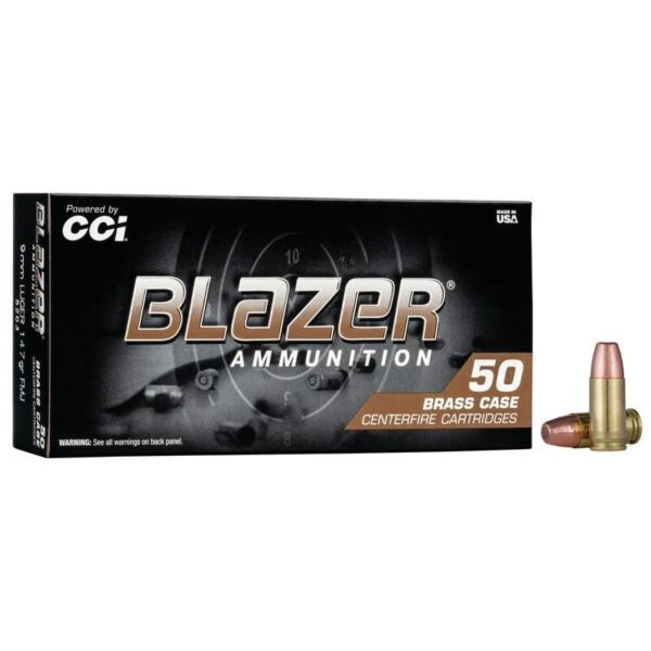Box of Blazer 9mm ammunition with centerfire cartridges.