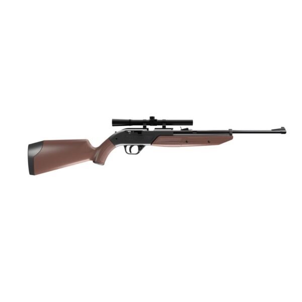 Side view of a brown hunting rifle with scope
