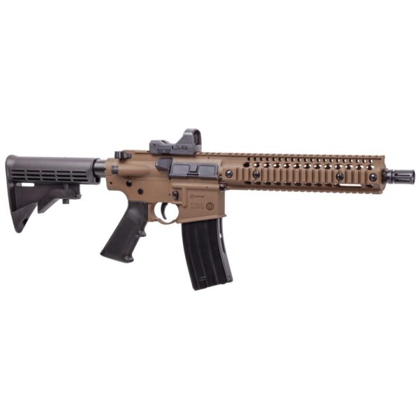Tan tactical rifle with attached scope.