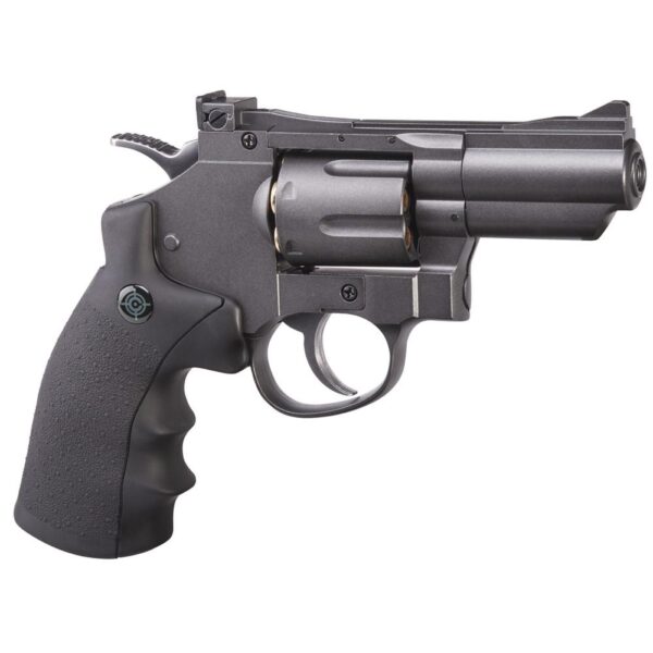 Side view of a black revolver handgun