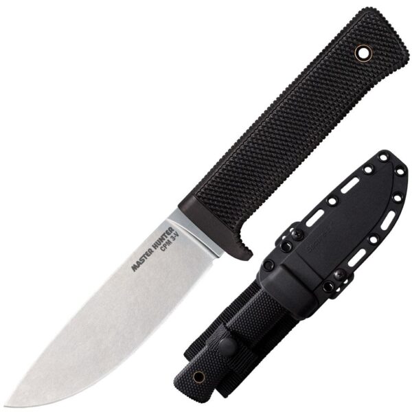 Hunting knife with a black handle and sheath.