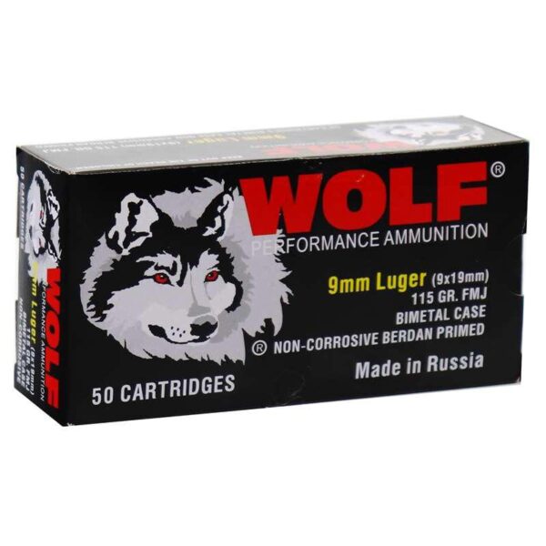 WOLF 9mm Luger ammunition box with wolf logo