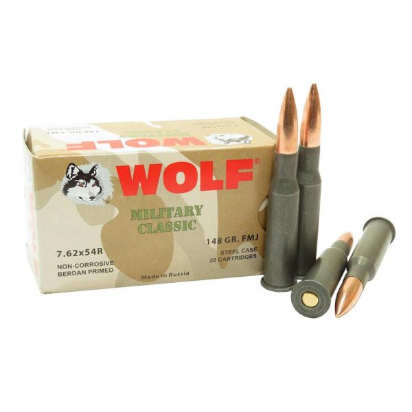 Box of 7.62x54R ammunition with cartridges.
