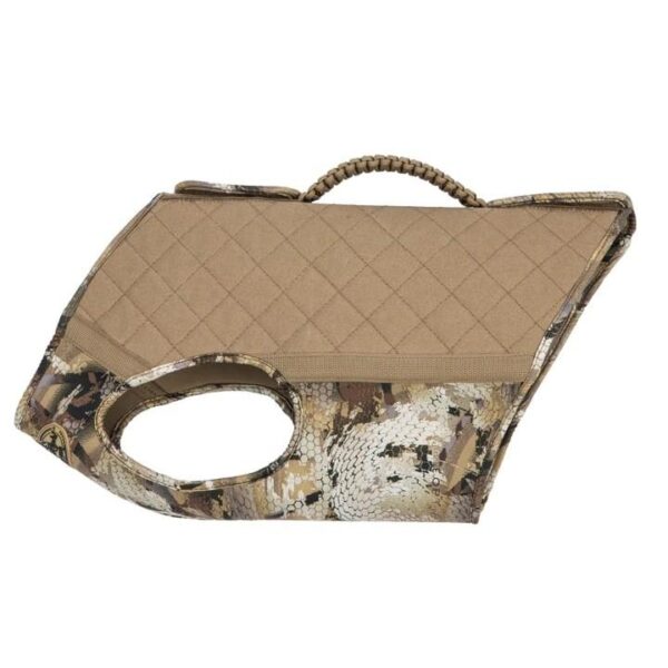 Camo-patterned dog harness with handle.