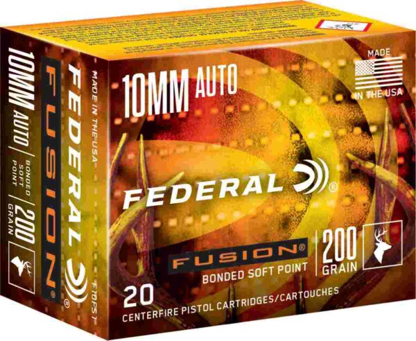 10mm pistol cartridges in a colorful box.