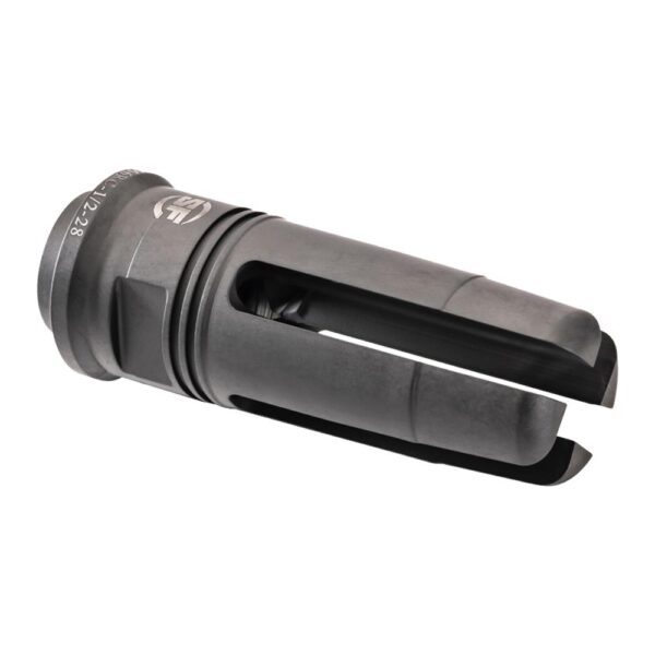 Close-up of a black muzzle brake device.