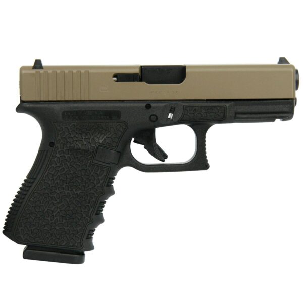 Side view of a compact semi-automatic pistol.
