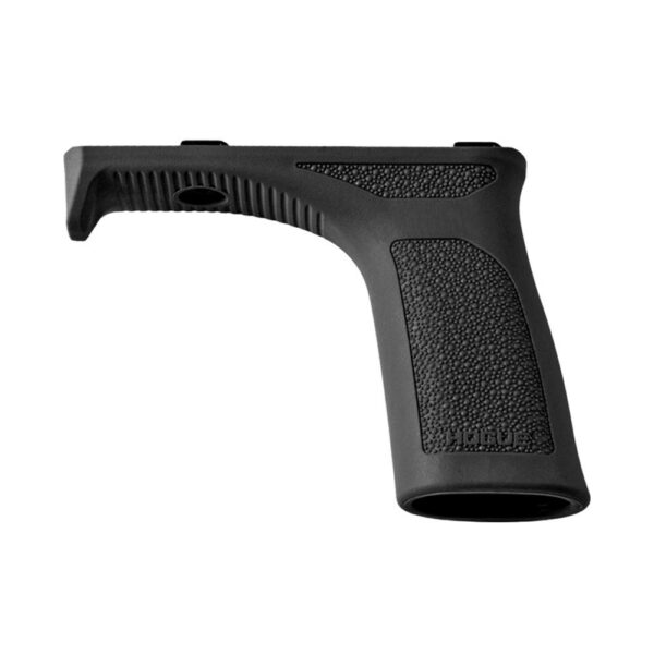 Close-up of a black firearm grip.