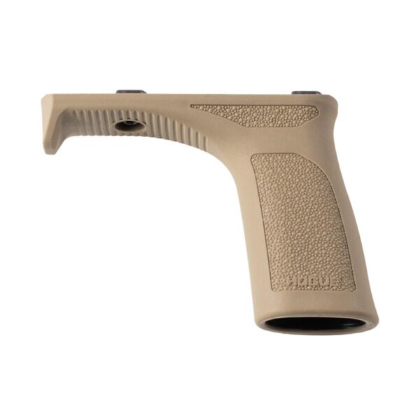 Tan ergonomic firearm grip with textured surface.