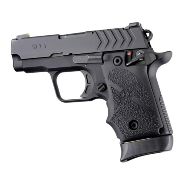 Compact black semi-automatic pistol with textured grip.