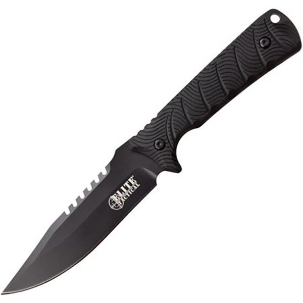 Black tactical knife with serrated edge.