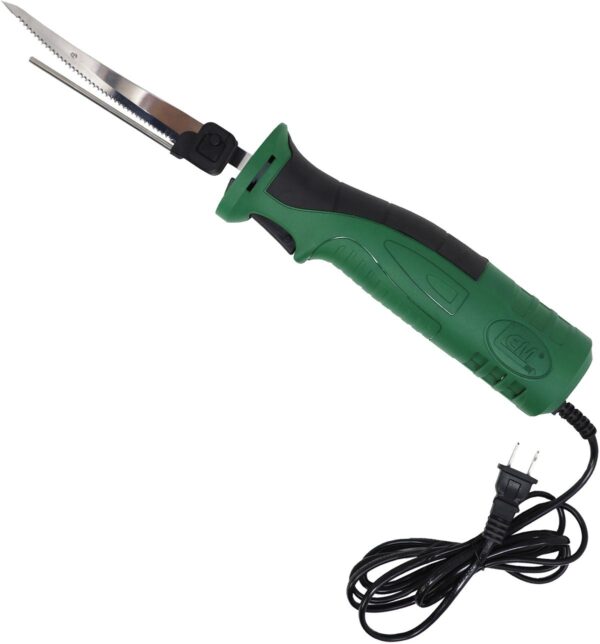 Electric carving knife with green handle.