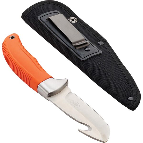 Orange handled knife with black sheath