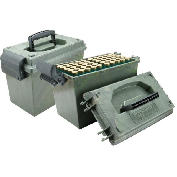 Three green storage boxes for ammunition.