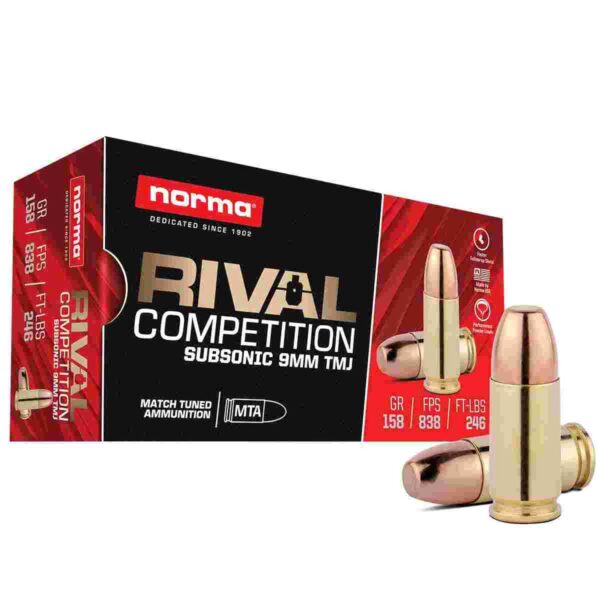 Box of Norma Rival Competition subsonic 9mm ammunition.