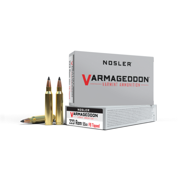 Nosler Varmageddon varmint ammunition box and cartridges.