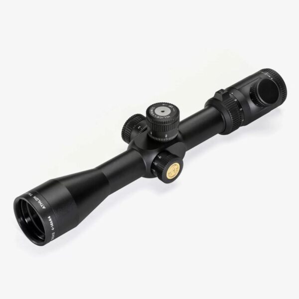 High-quality black rifle scope with adjustment knobs.