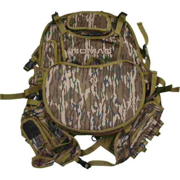 Camouflage backpack with multiple storage compartments.