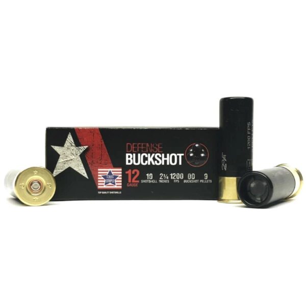 Box of 12 gauge buckshot ammunition with cartridges.