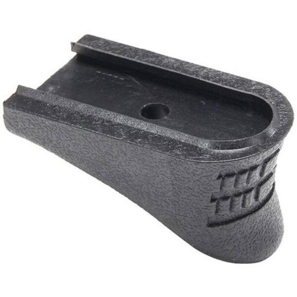 Black plastic accessory for firearm grip enhancement.