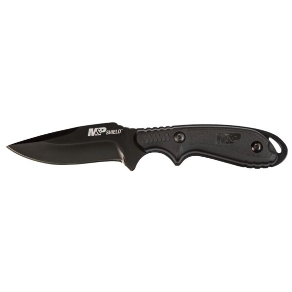Black knife with ergonomic handle and sharp blade.