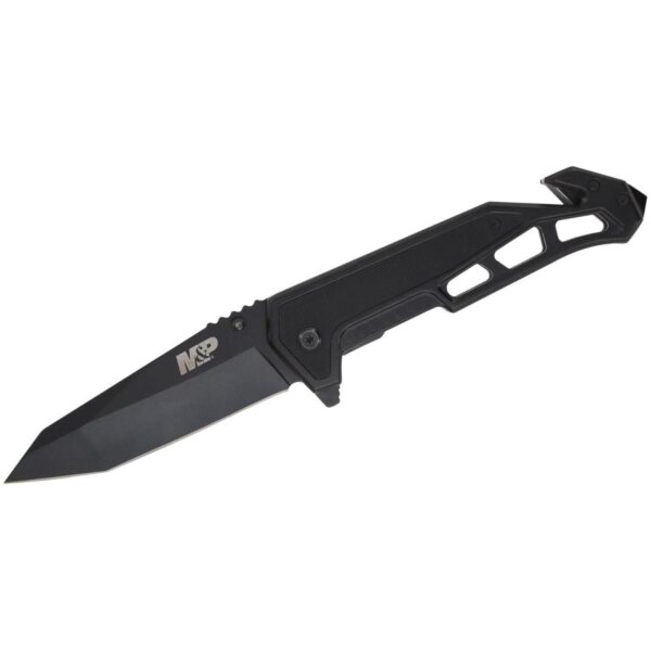 Black folding knife with ergonomic handle design.