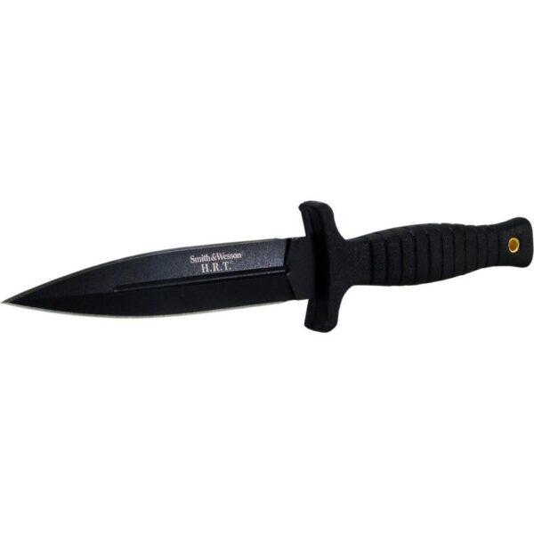 Black tactical knife with rubber grip handle.