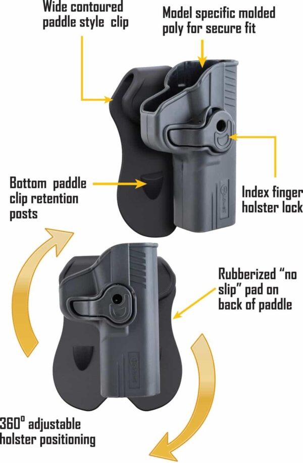 Adjustable holster with secure retention features.