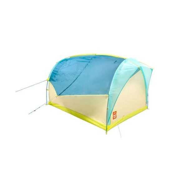 Colorful camping tent with blue and yellow design.