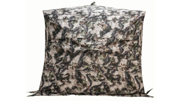 Camouflage hunting blind for outdoor use.