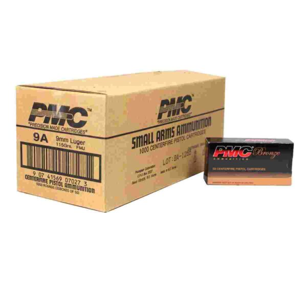 Box of PMC 9mm Luger ammunition cartridges.