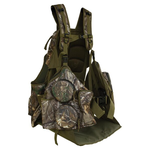 Camo hunting vest with multiple pockets.