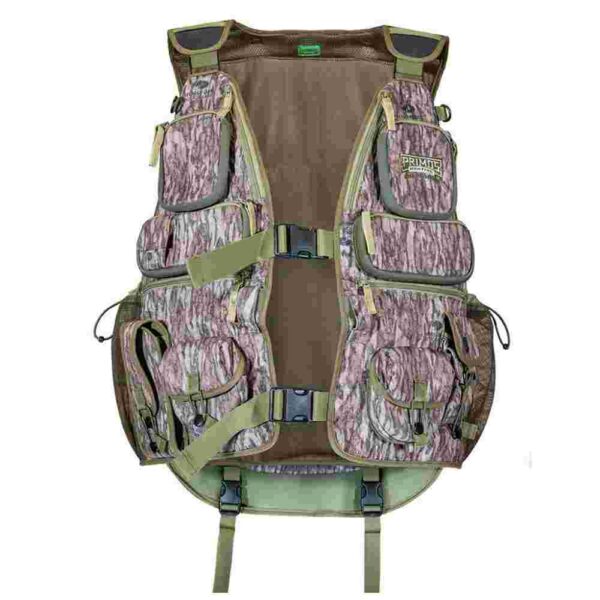 Camo fishing vest with multiple pockets and straps.