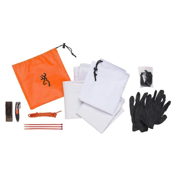 Hunting gear kit with gloves and storage bag.