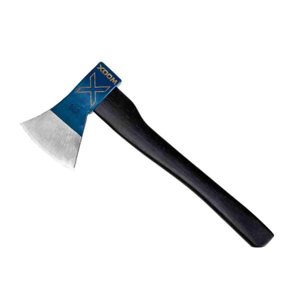 A blue-handled axe with a metal blade.