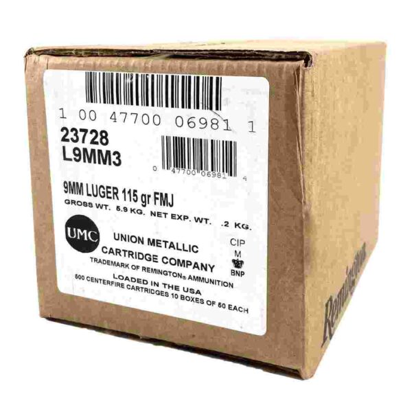 Box of 9mm Luger ammunition cartridges.