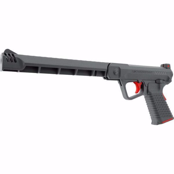 Gray stylized toy firearm with red accents.