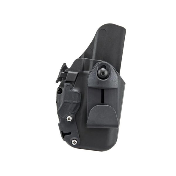 Black firearm holster side view.