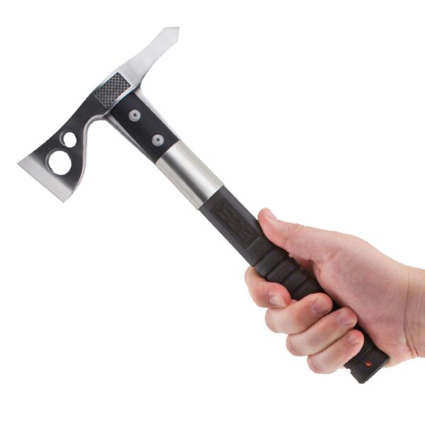 Person holding a versatile tactical axe.