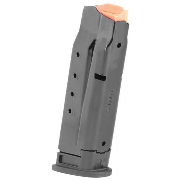 Black firearm magazine with orange follower
