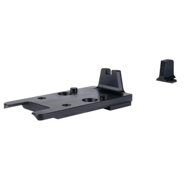 Black mounting plate with an additional component.