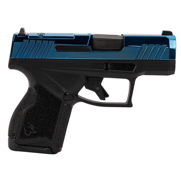 Compact blue handgun with textured grip.