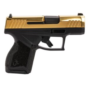 Compact handgun with gold and black design.