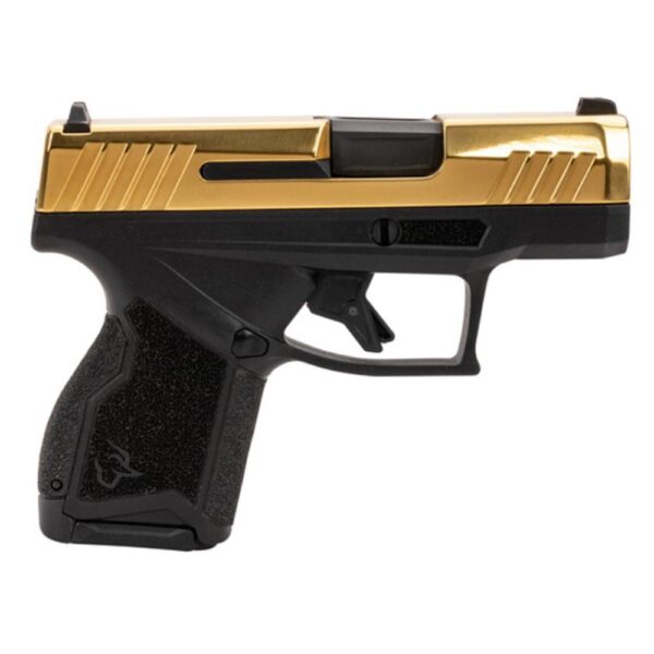Compact handgun with gold and black design.