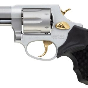 Silver revolver with black grip and gold accents.