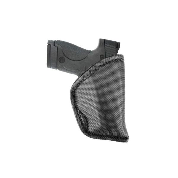Black holster with a handgun partially visible.