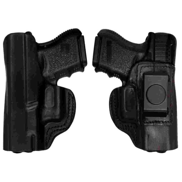 Two handguns in black holsters facing each other.