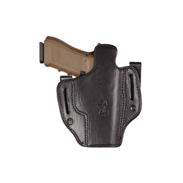 Handgun in leather holster, side view.