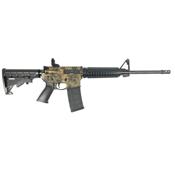 A camouflaged AR-15 style rifle.